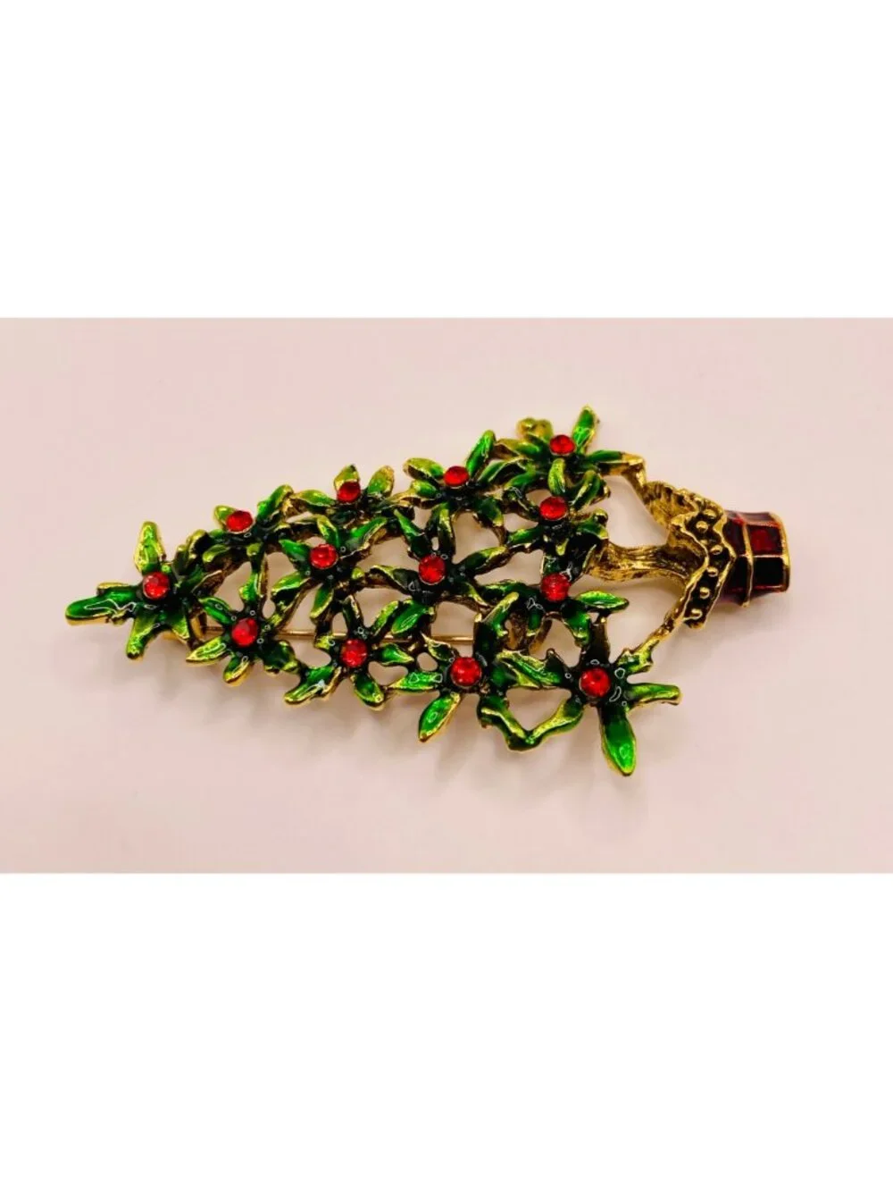 Christmas Holiday Tree Pin Brooch Green Enamel & Red Rhinestones -52B